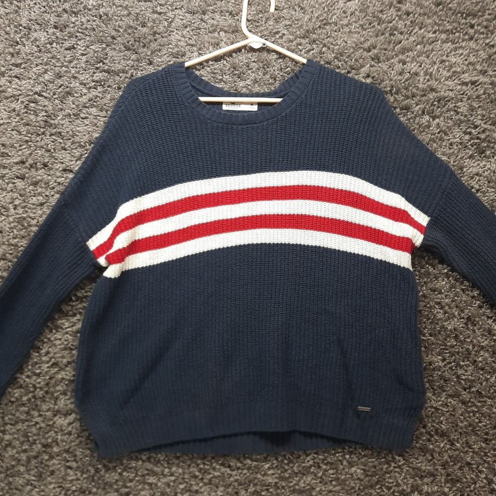 Hollister Sweater Men Medium Navy Blue Red White Stripe Crew Neck Waffle Knit